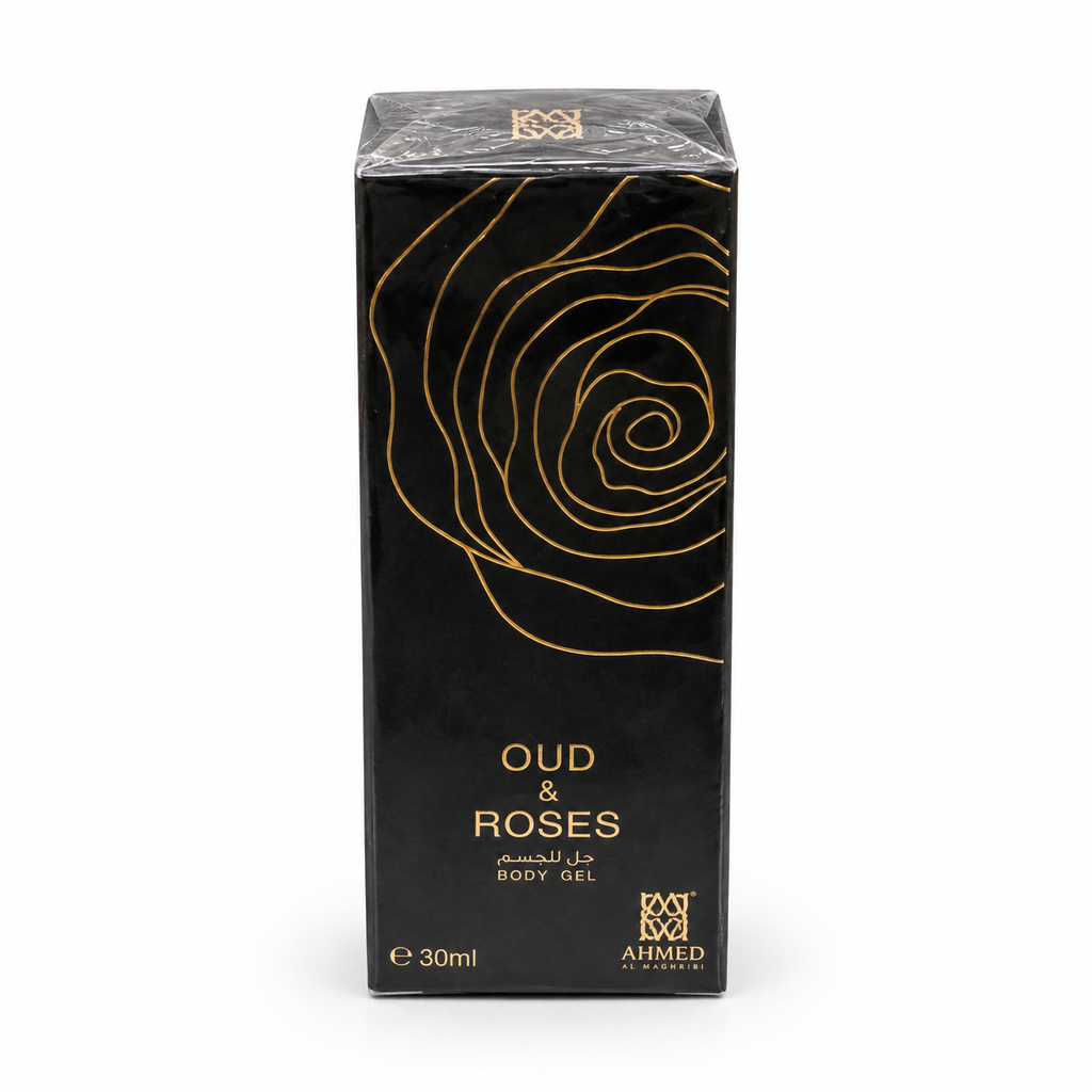Oud & Roses Body Gel 30ml by Ahmed Al Maghribi — retail packaging