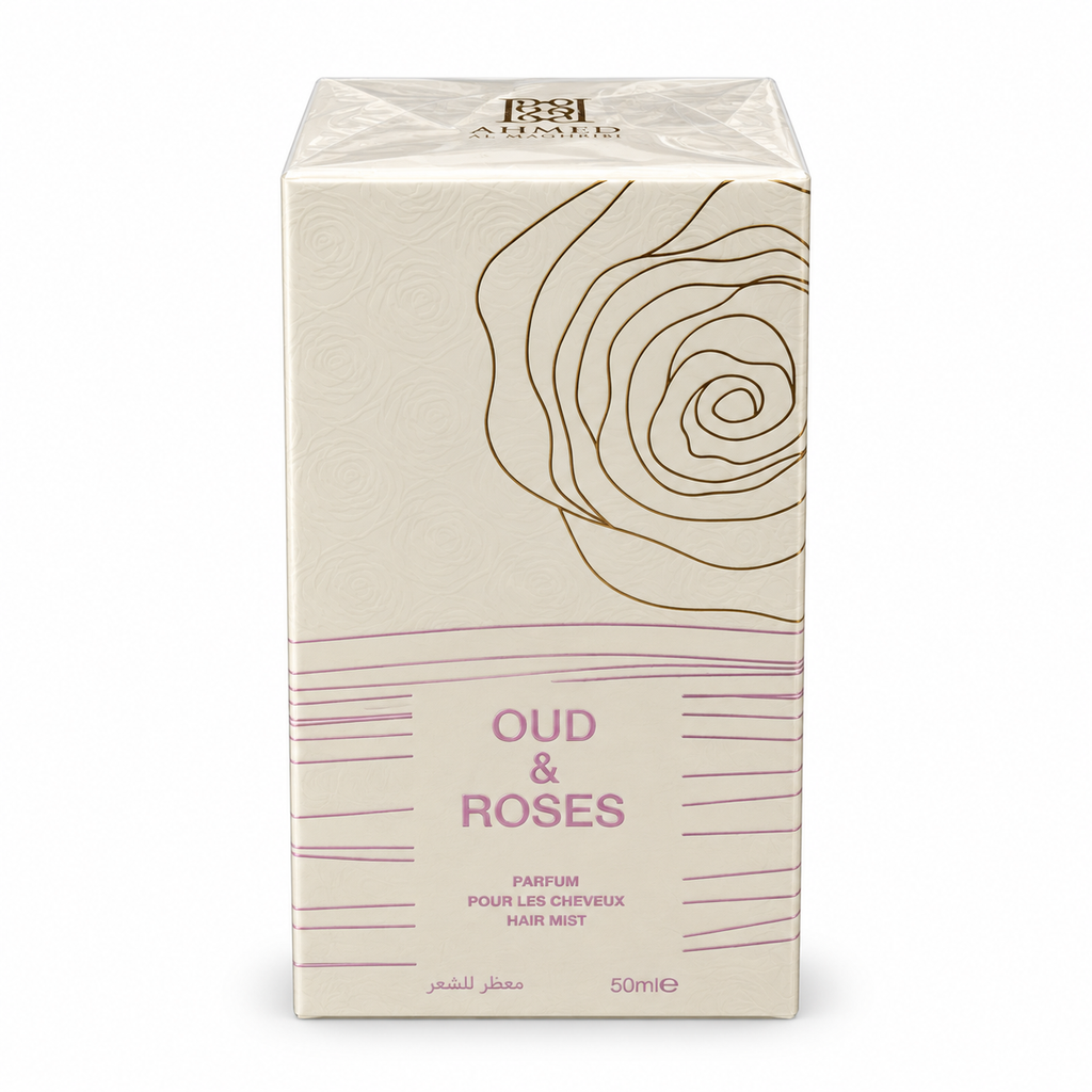 Oud & Roses Hair Mist 50ml by Ahmed Al Maghribi — retail packaging