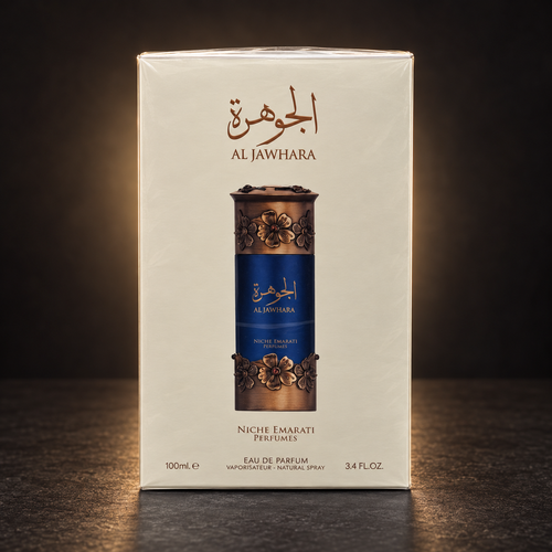 Al Jawhara perfume retail packaging - studio view