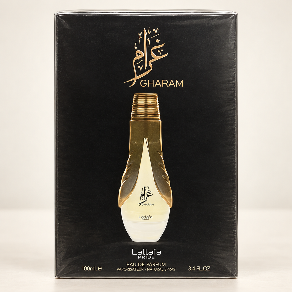 Gharam perfume retail packaging - detail view