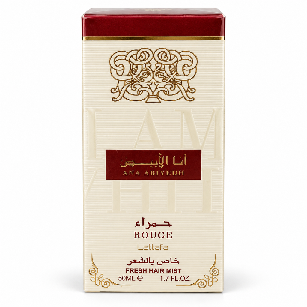 Ana Abiyedh Rouge Hair Mist 50ml by Lattafa – boxed product on white background