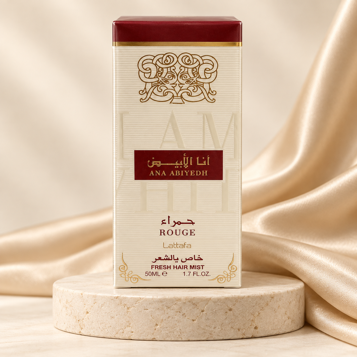 Ana Abiyedh Rouge Hair Mist 50ml by Lattafa – boxed product on cream pedestal