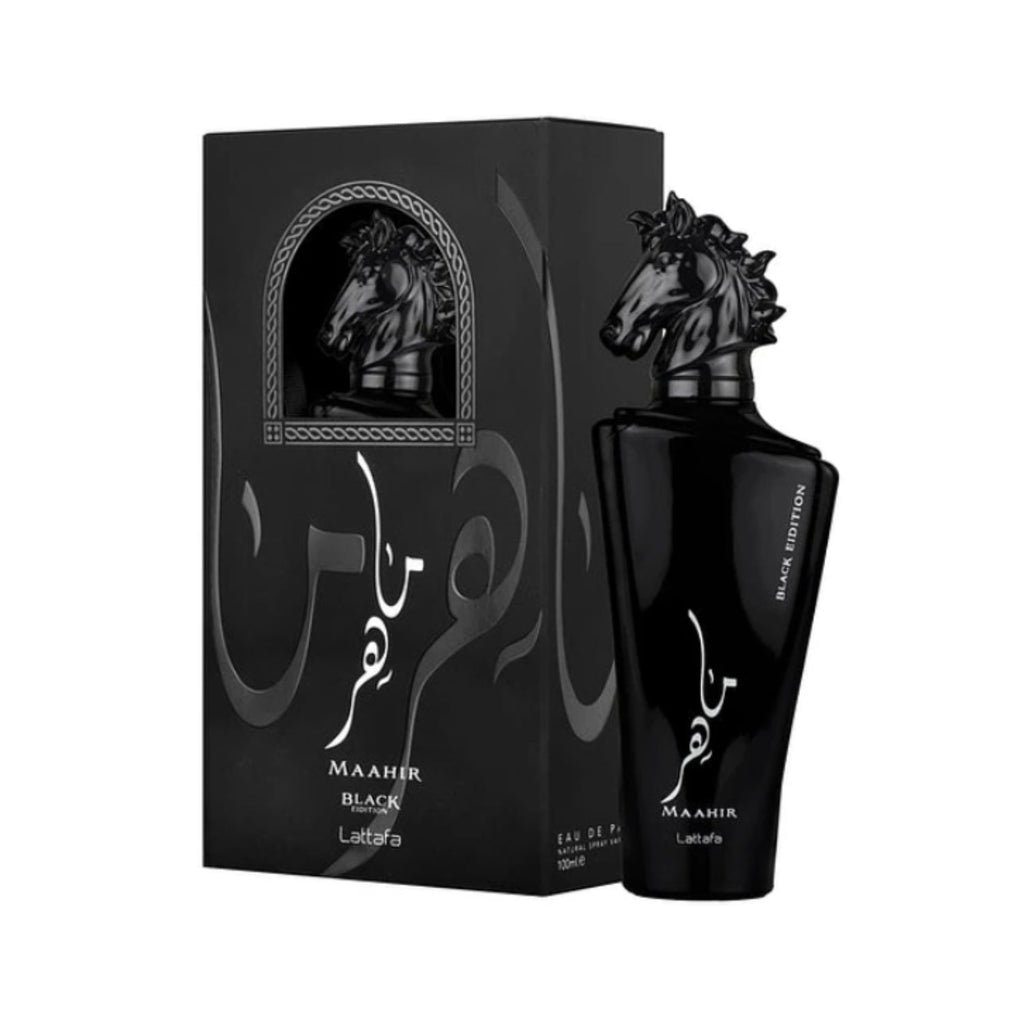 Lattafa Maahir Black Edition 100ml Eau de Parfum bottle and box
