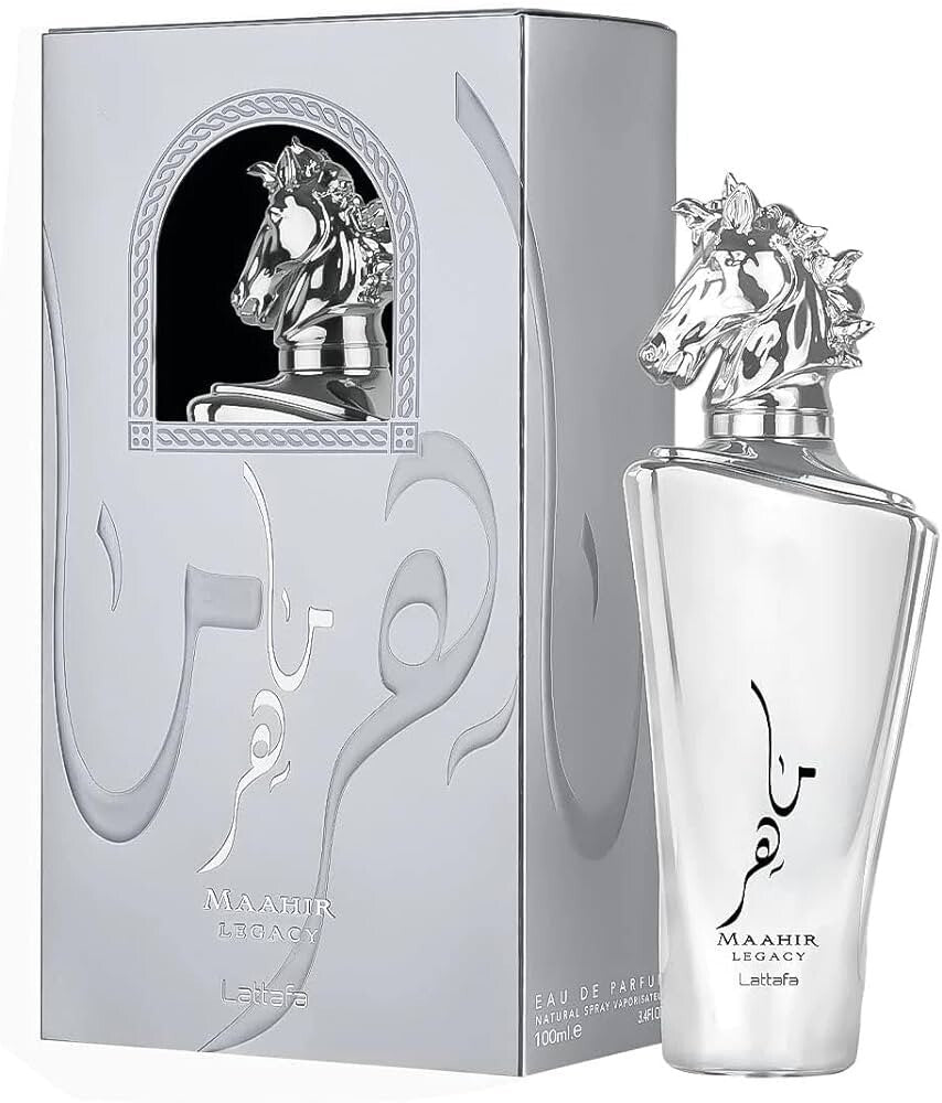 Lattafa Maahir Legacy 100ml Eau de Parfum bottle and box