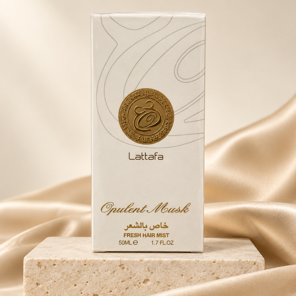 Opulent Musk Hair Mist 50ml by Lattafa – boxed product on cream pedestal