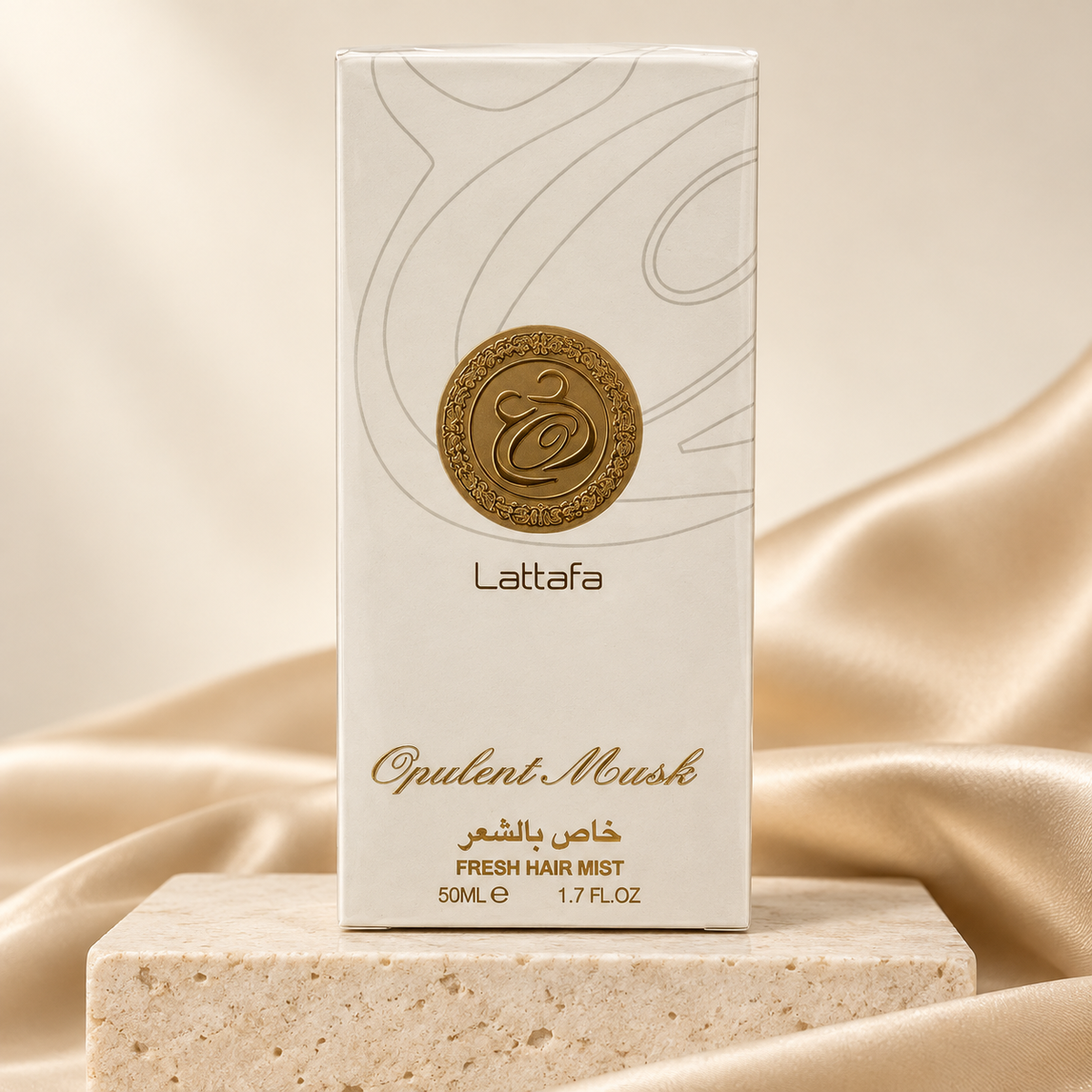 Opulent Musk Hair Mist 50ml by Lattafa – boxed product on cream pedestal