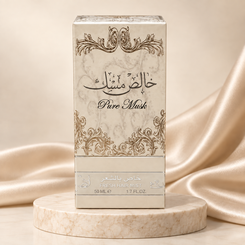 Pure Musk Hair Mist 50ml by Lattafa – boxed product on cream pedestal