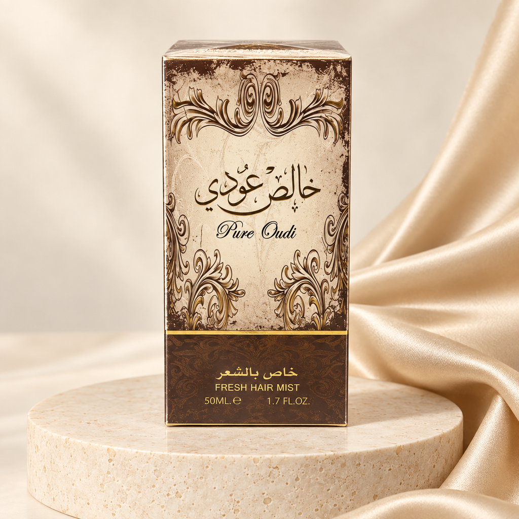 Pure Oudi Hair Mist 50ml by Lattafa – boxed product on cream pedestal