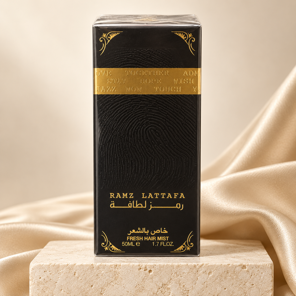 Ramz Lattafa Hair Mist 50ml by Lattafa – boxed product on cream pedestal