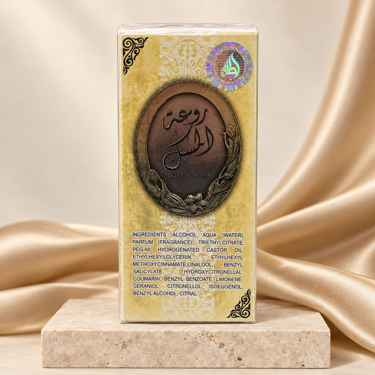 Rouat Al Musk Hair Mist 50ml by Lattafa – boxed product on cream pedestal