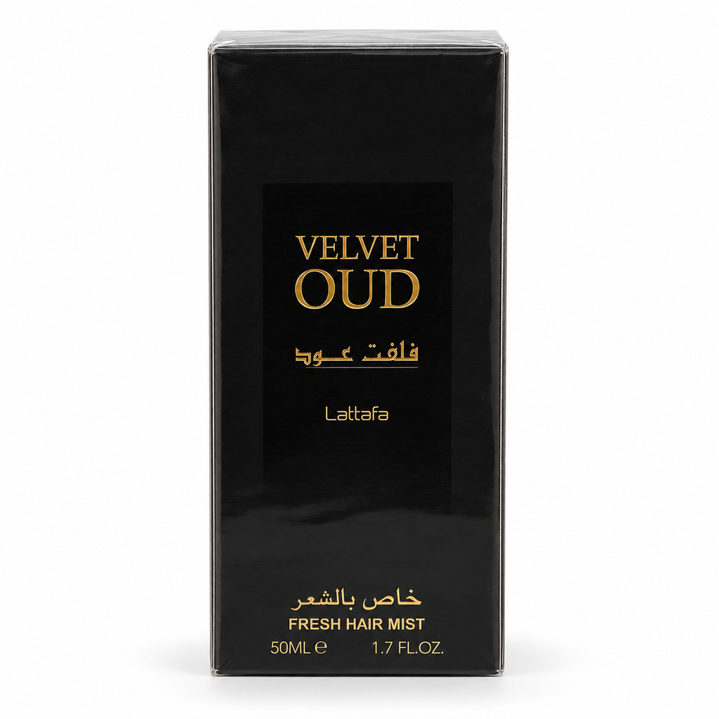 Velvet Oud Hair Mist 50ml by Lattafa – boxed product on white background
