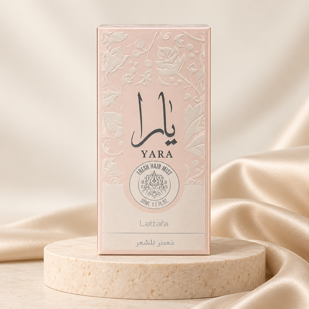 Yara Hair Mist 50ml by Lattafa – boxed product on cream pedestal