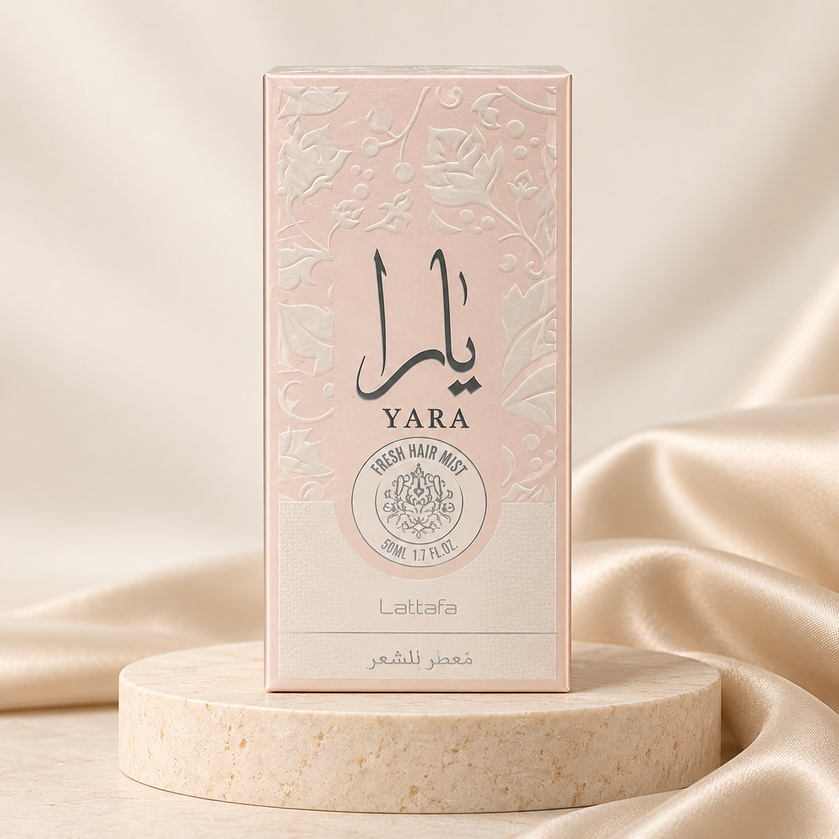 Yara Hair Mist 50ml by Lattafa – boxed product on cream pedestal