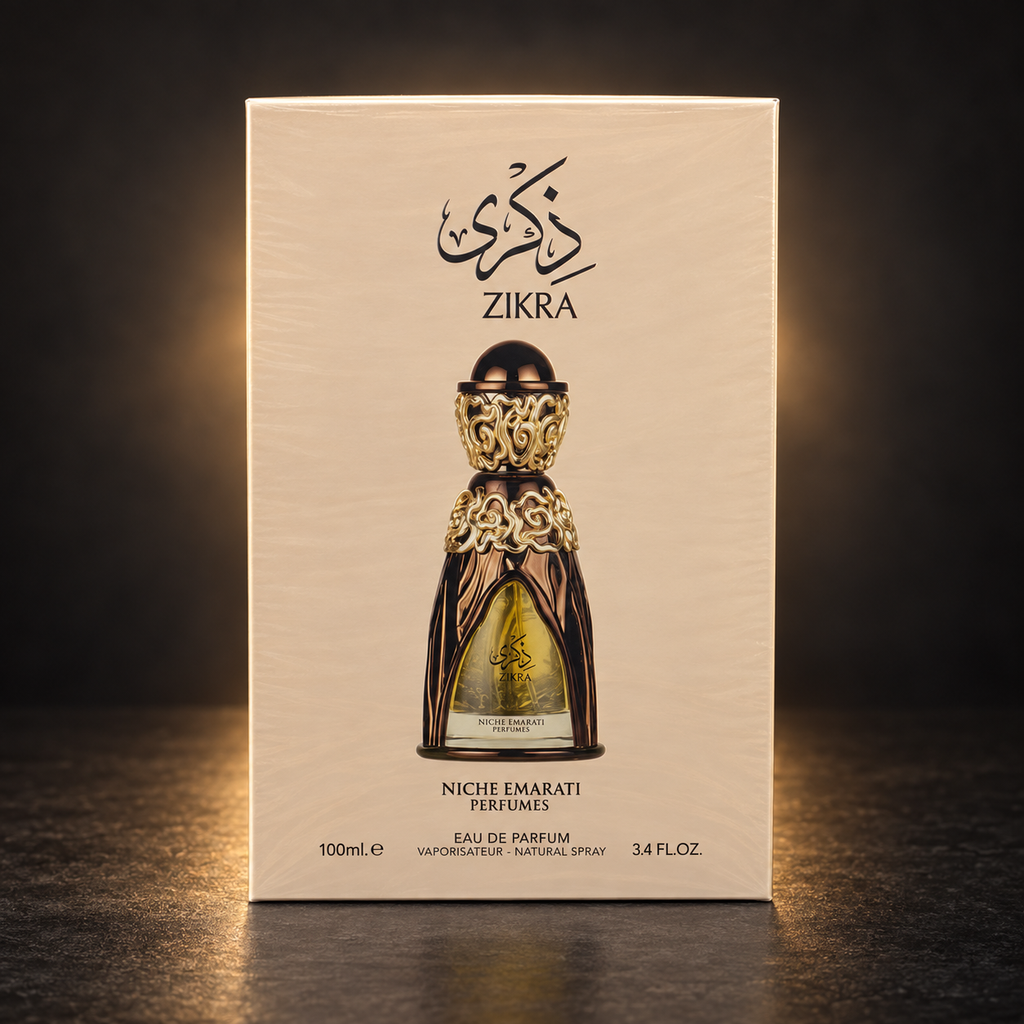 Zikra perfume retail packaging - studio view